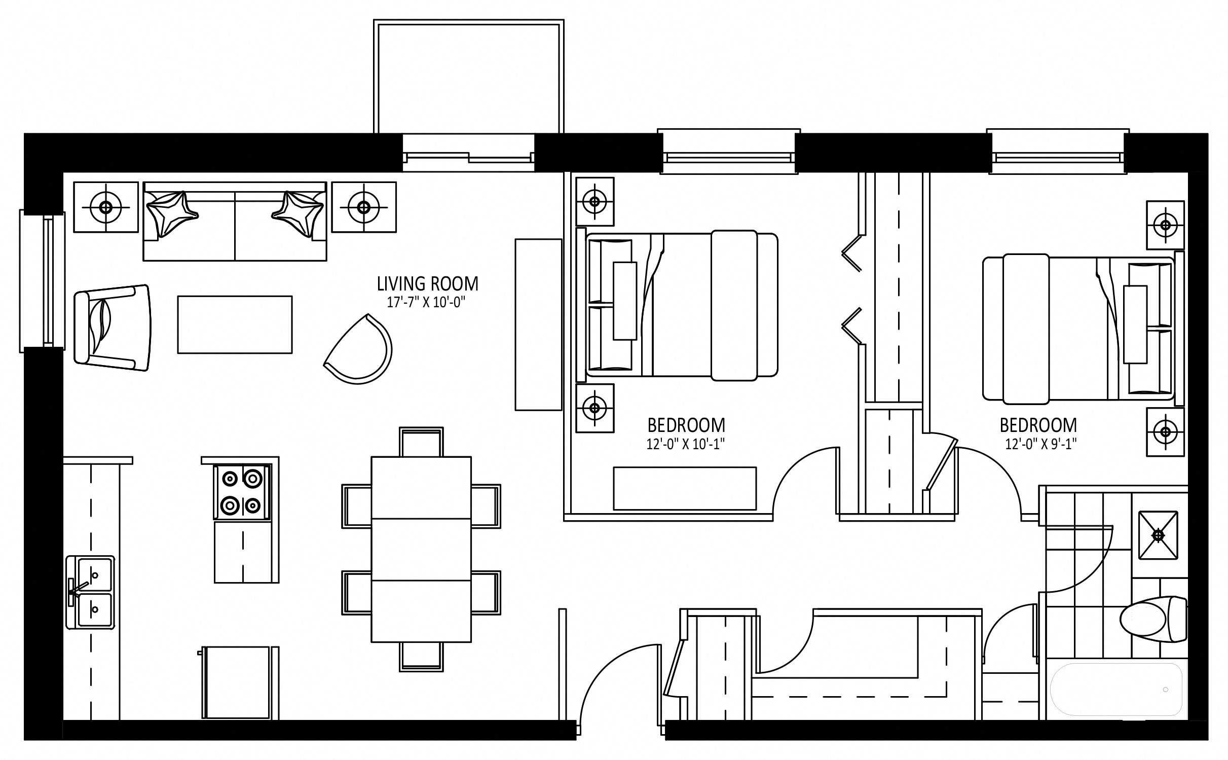 Floor plan for 2 beds, 1 bath, 846 sqft